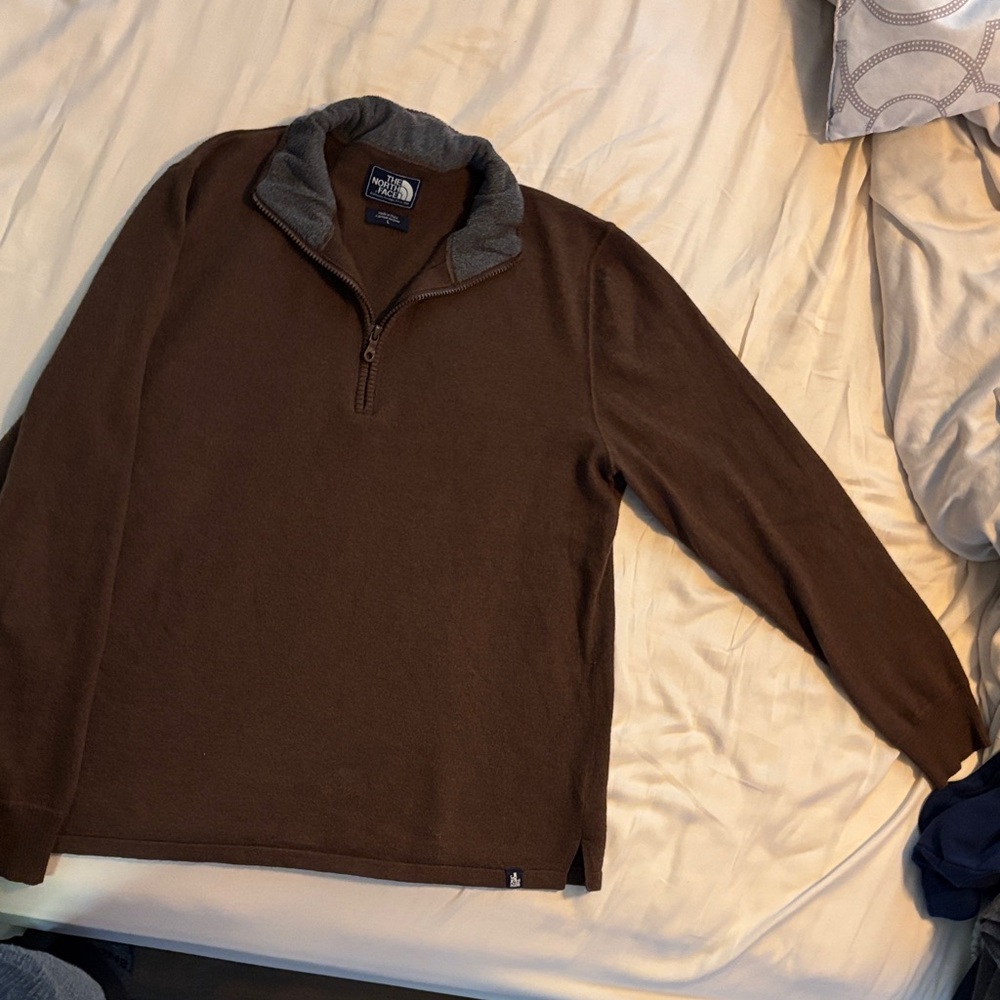 The North Face Men's Brown Zip-Up Sweater with Gray Collar